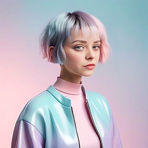 Young Woman with Pastel Bob and Iridescent Jacket