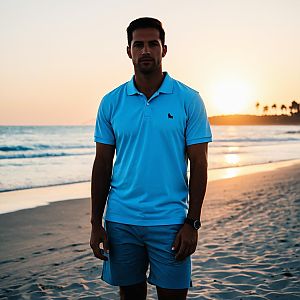 Man in Blue Polo Shirt Standing on Beach at Sunset