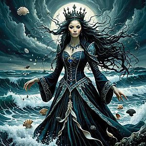 Mystical Sea Queen in Dark Blue Gown with Crown Fantasy Artwork