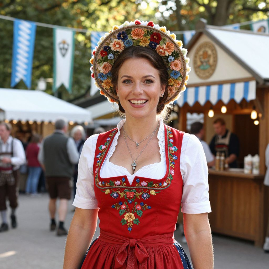 Smiling Woman in Traditional Bavarian Dirndl at Outdoor Festival