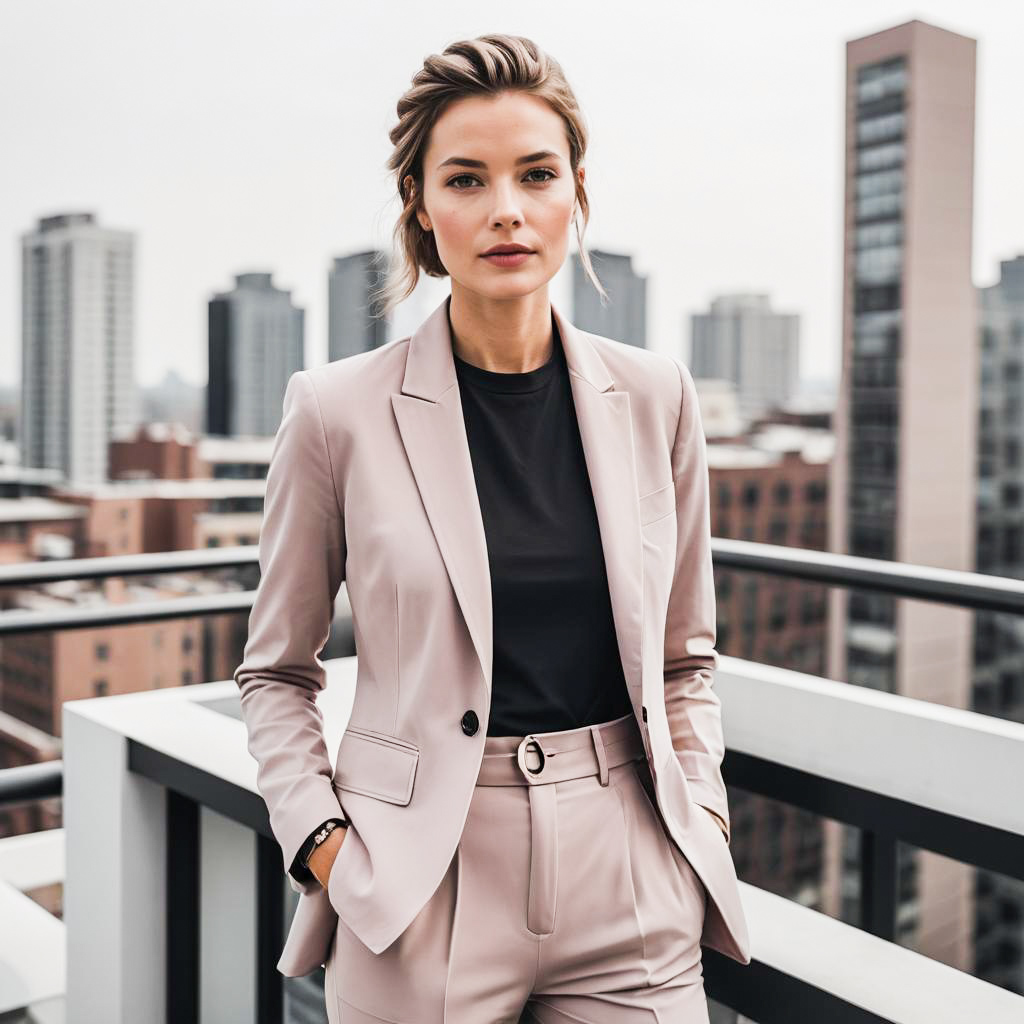 Confident Woman in Pink Suit on Rooftop Terrace