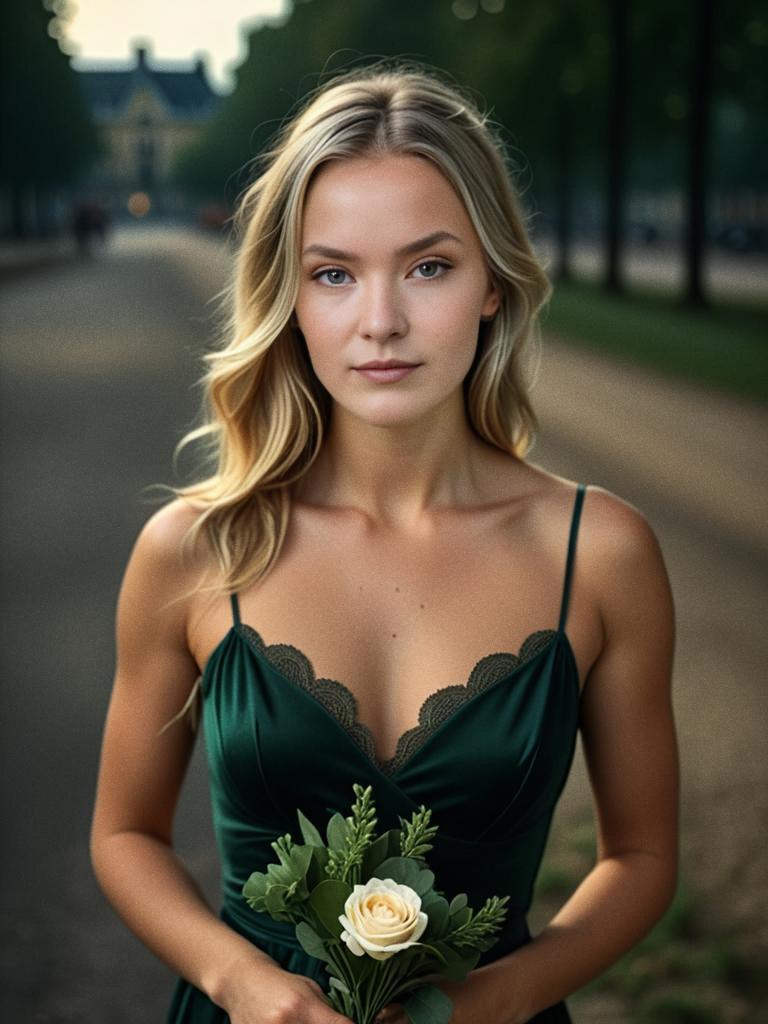 Elegant Woman with Flowers on Pathway