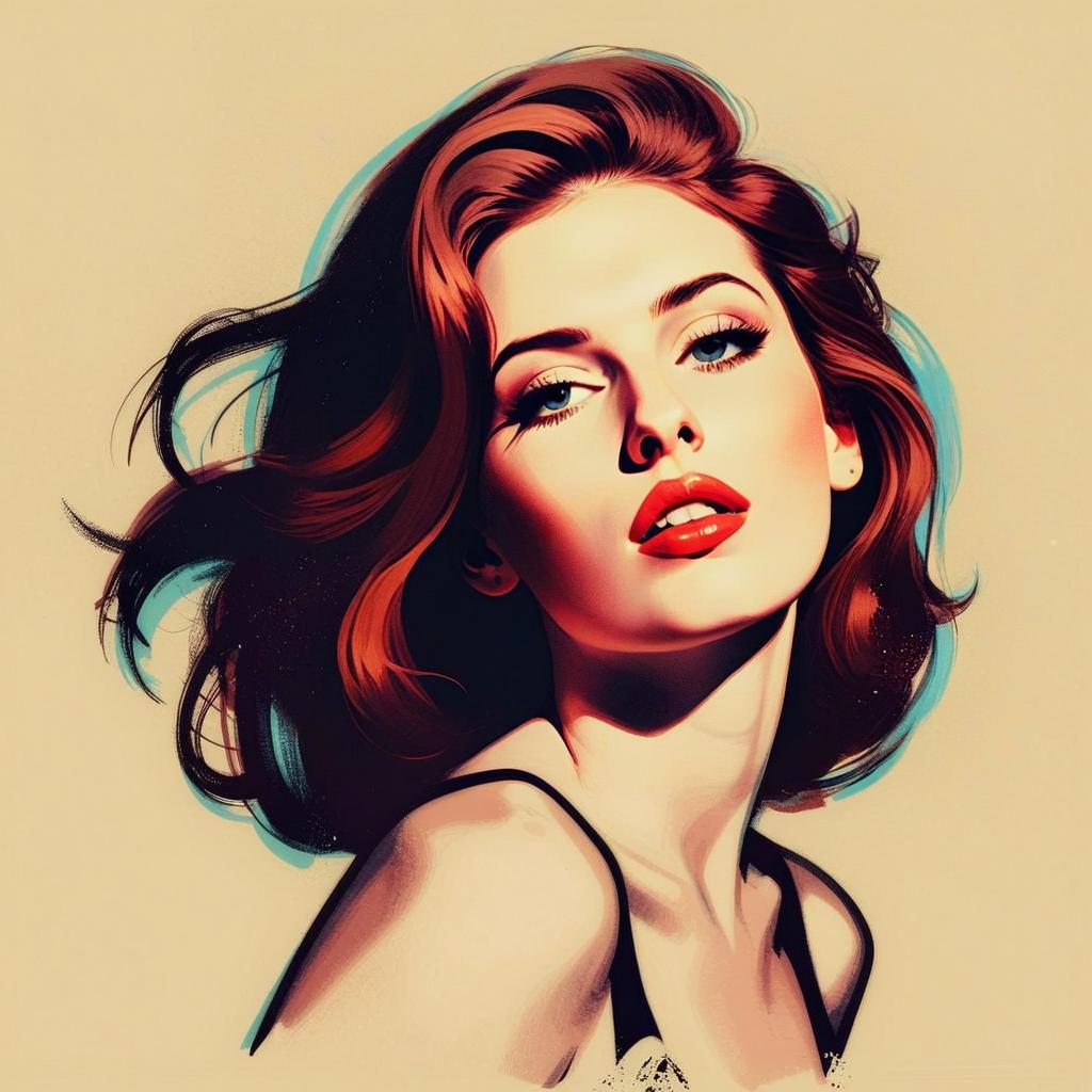 Stylized Digital Portrait of a Red-Haired Woman with Bold Makeup