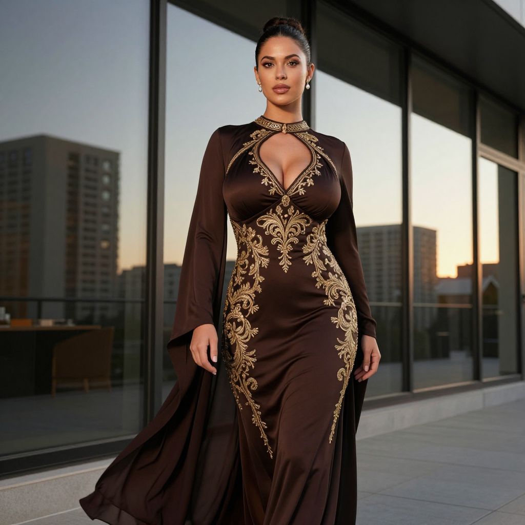 Elegant Dark Brown Embroidered Gown with Gold Detailing on Woman