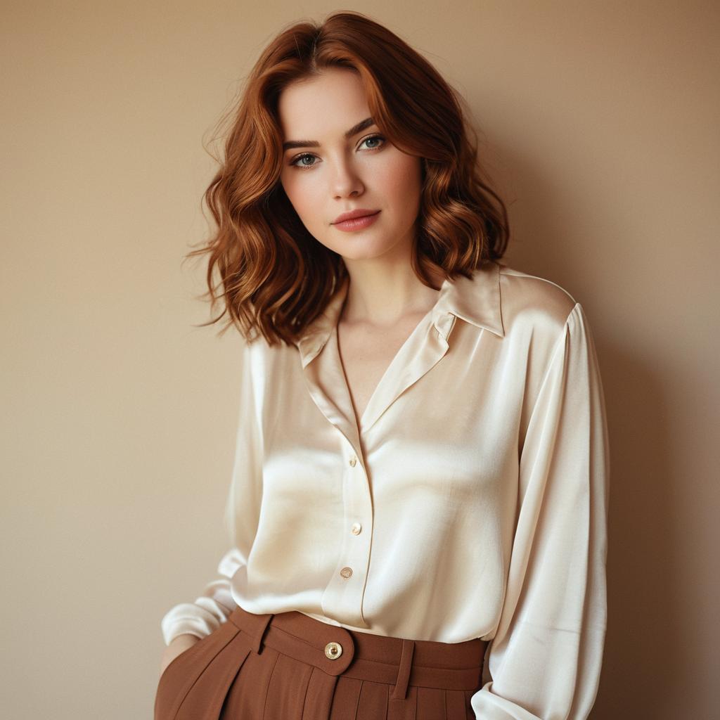 Elegant Woman in Cream Satin Blouse and Brown Trousers Against Beige Background