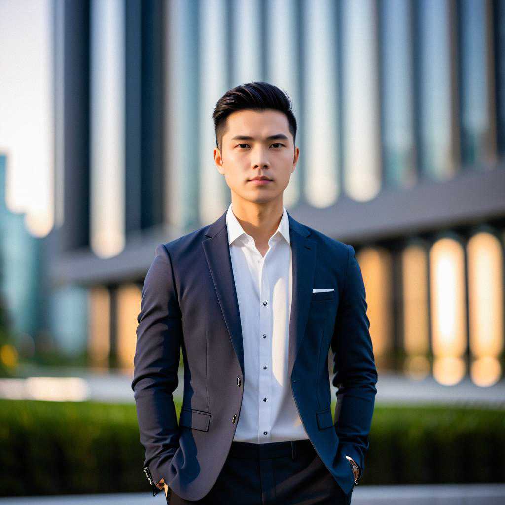 Stylish Young Man in Navy Suit Outdoors