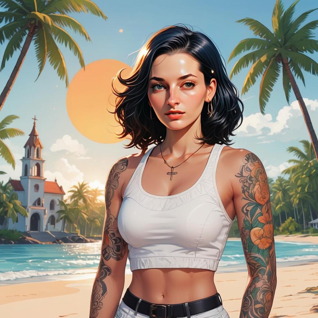 Tattooed Woman on Tropical Beach Digital Portrait at Sunset