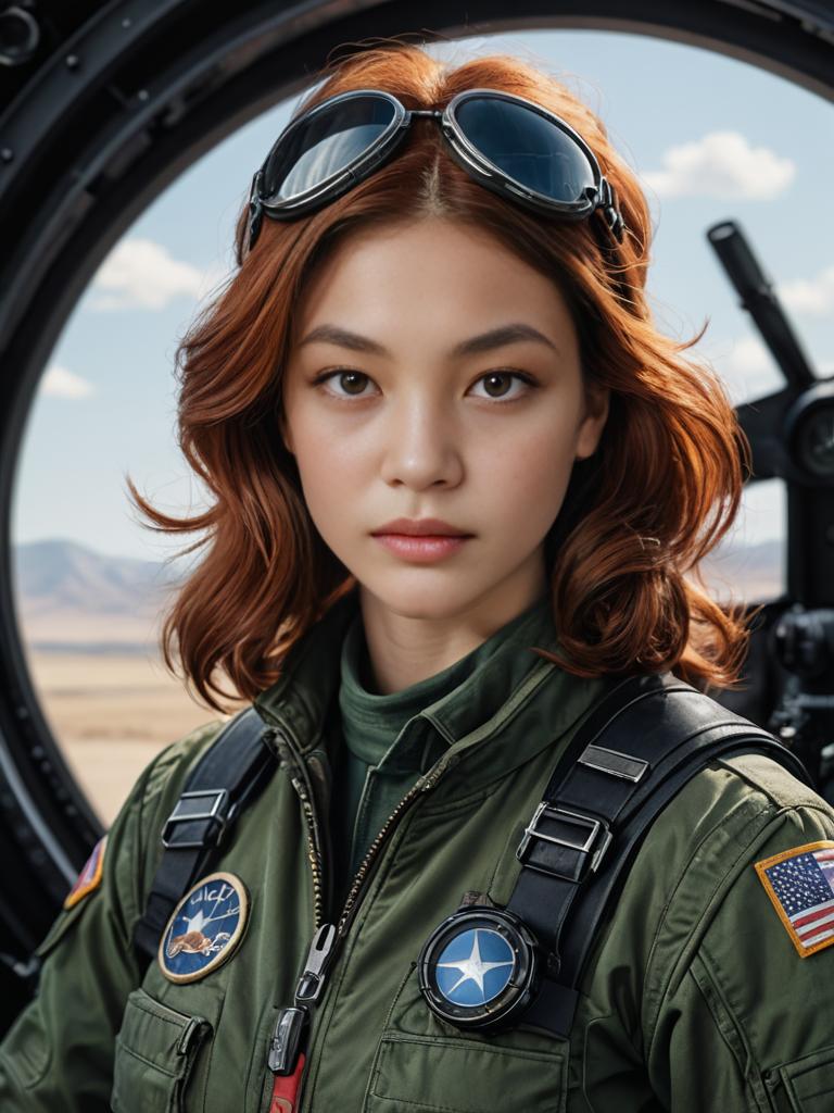 Confident Redhead in Military Jacket with Aircraft