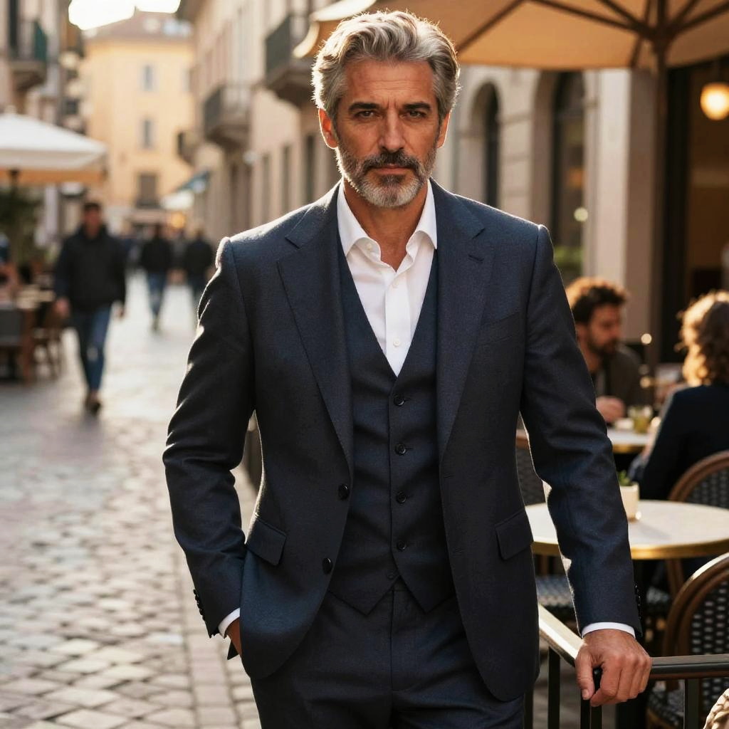 Confident Mature Man in Navy Blue Three-Piece Suit on City Street
