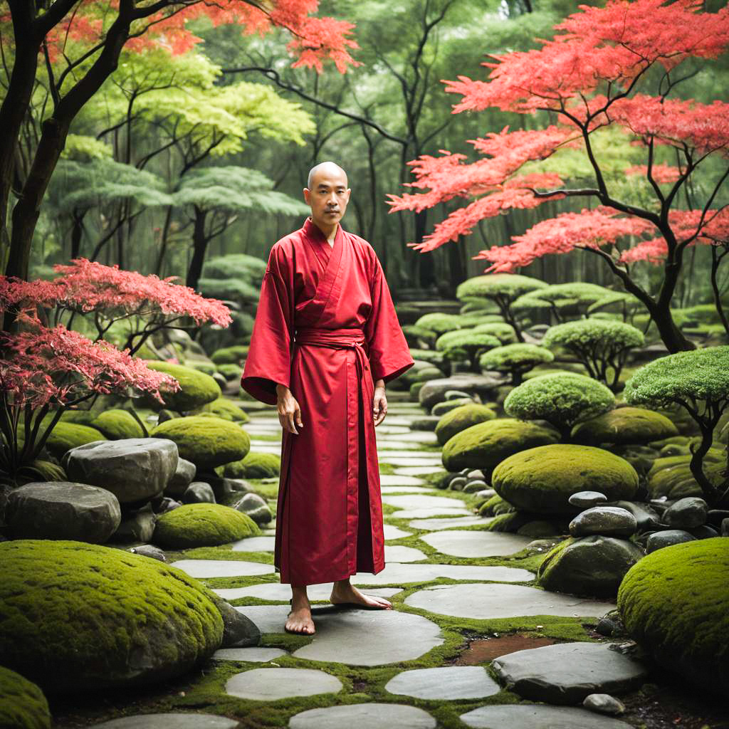 Man in Red Robe in Serene Japanese Garden