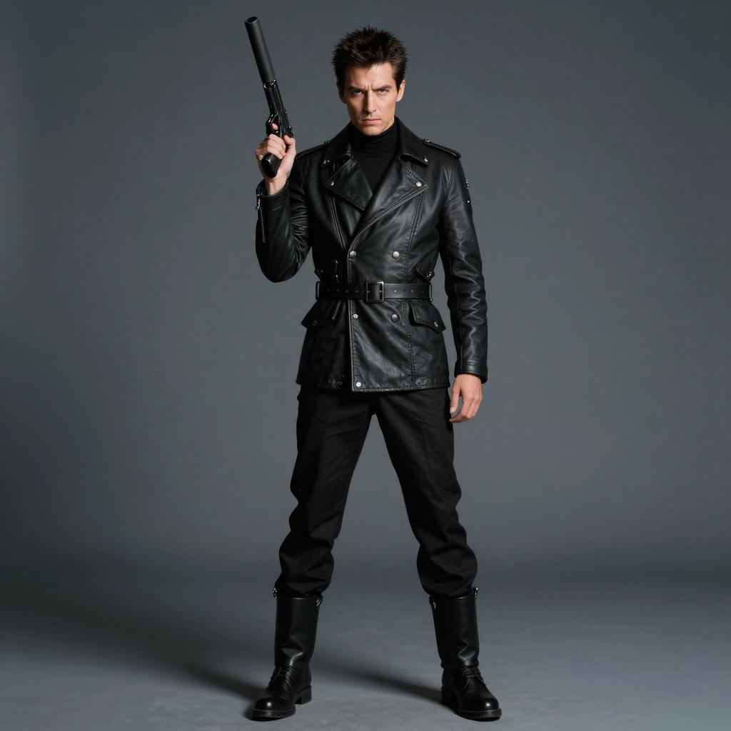 1990 Style Full Body Photo of Man with Gun in Black Leather Jacket