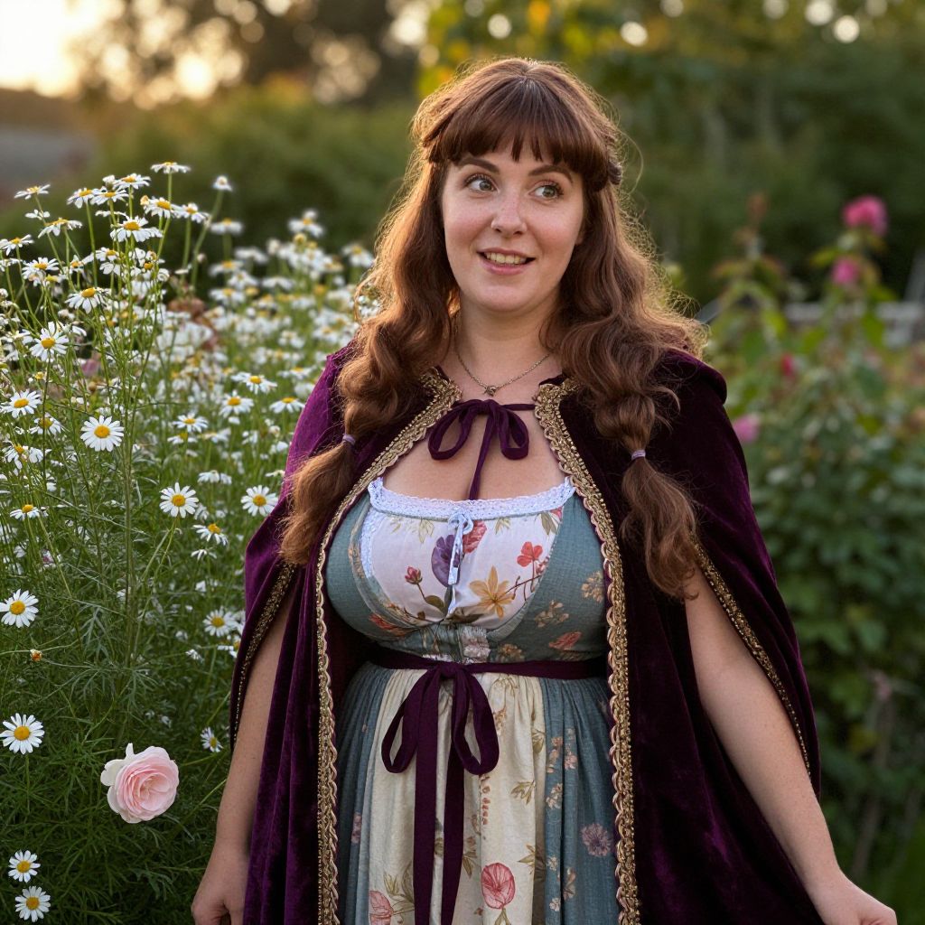 Woman in Vintage Floral Dress and Velvet Cloak in Garden
