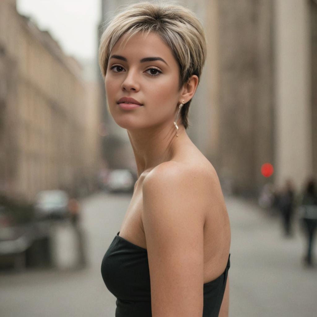 Stylish Woman with Pixie Haircut on Urban Street