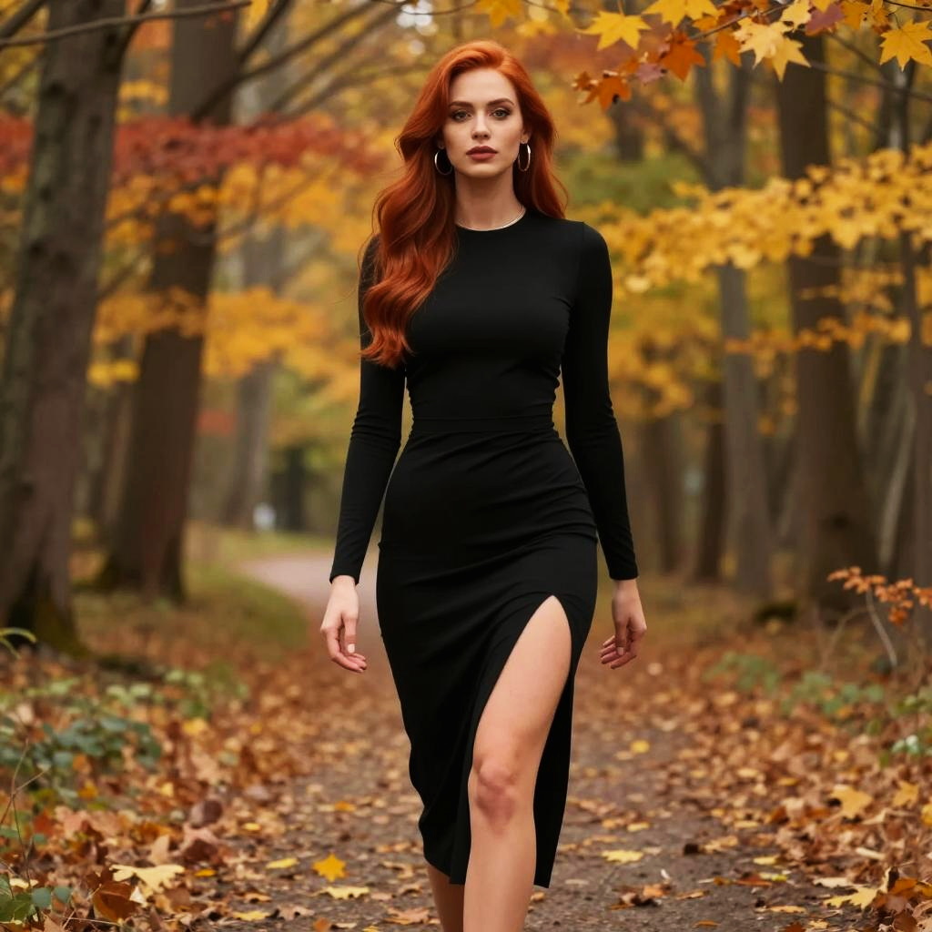 Elegant Woman in Black Dress Walking Through Autumn Forest Path