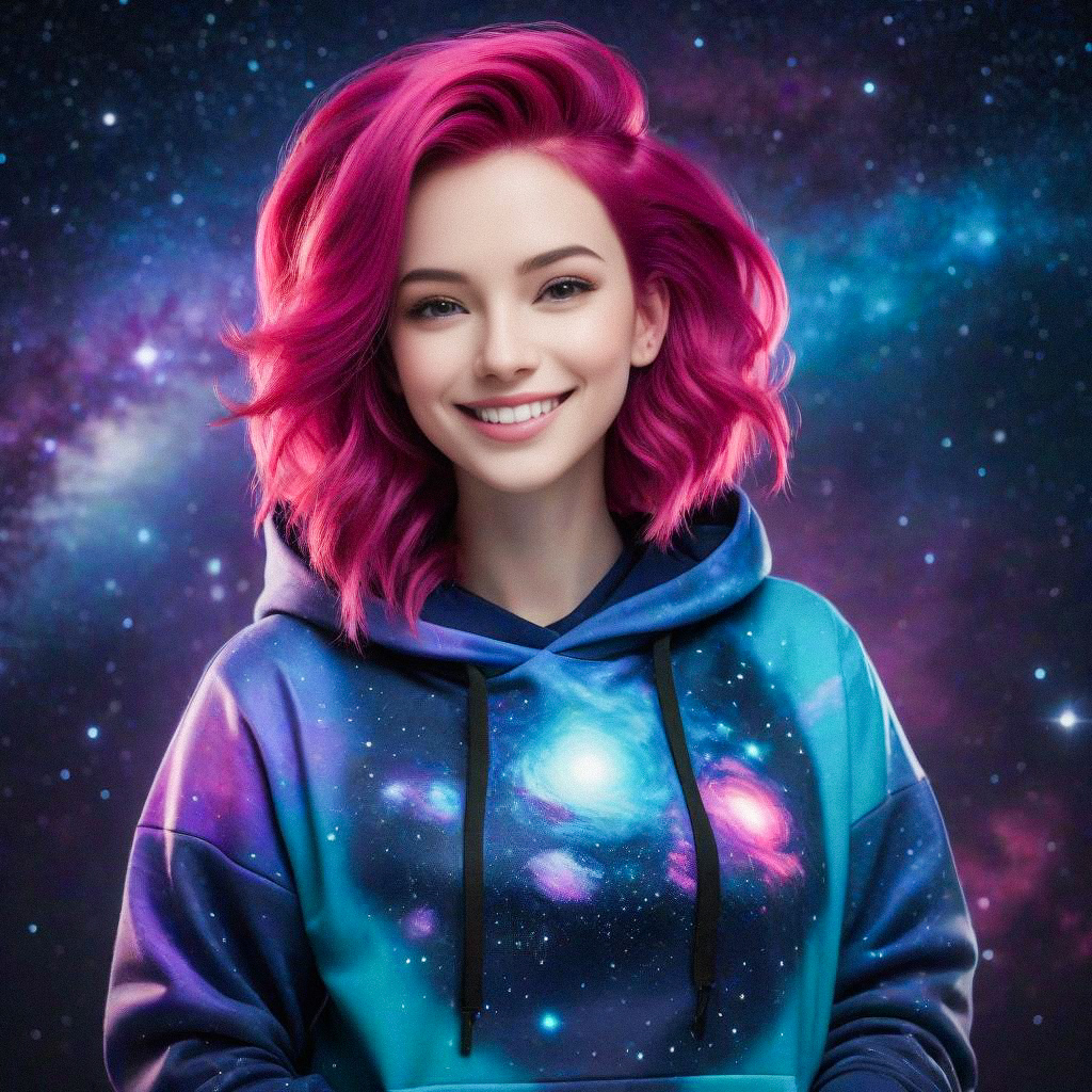 Smiling Woman with Pink Hair in Cosmic Hoodie