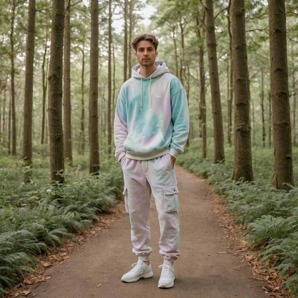 Confident Man in Tie-Dye Hoodie in Forest