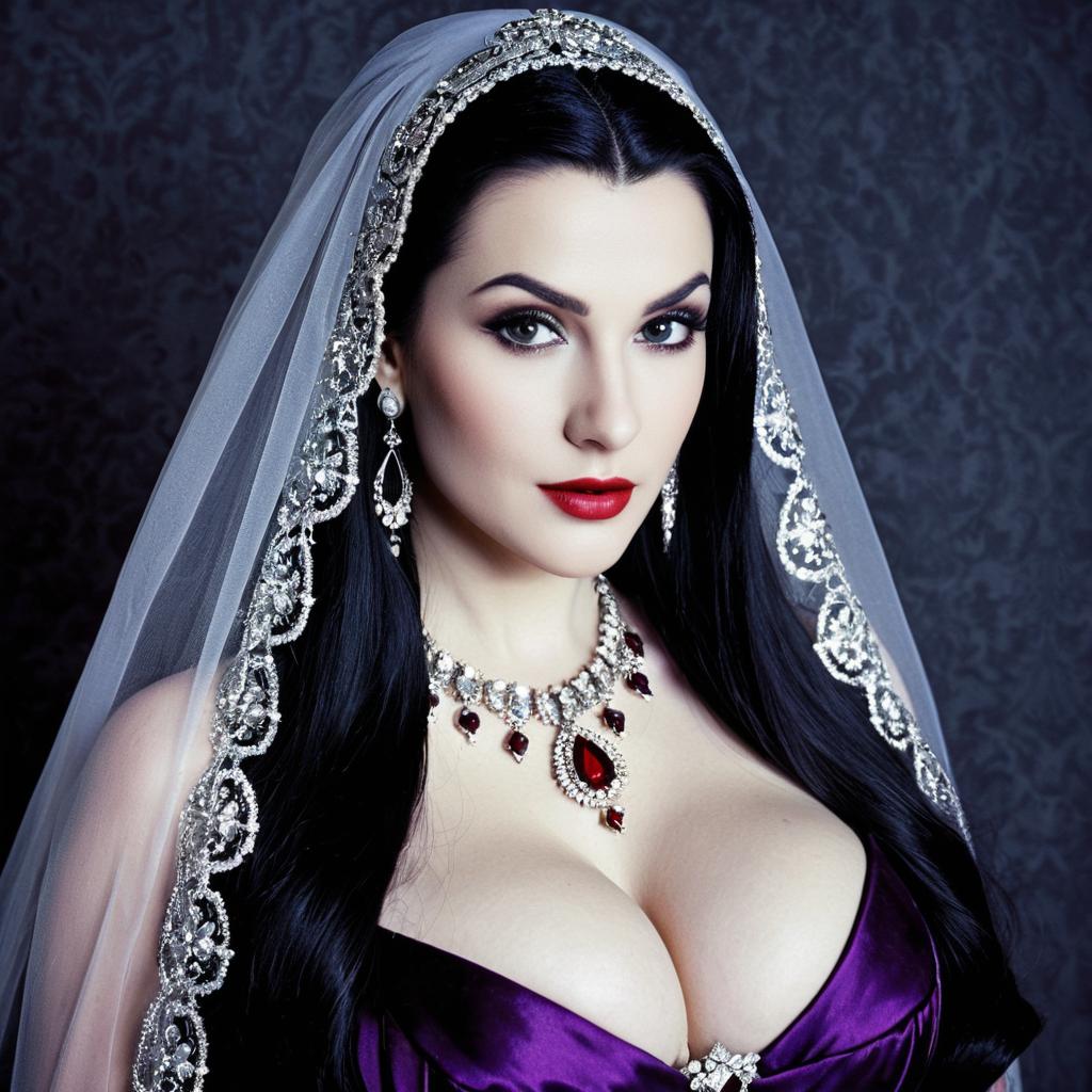 Elegant Woman in Purple Dress with Embroidered Veil and Gemstone Jewelry