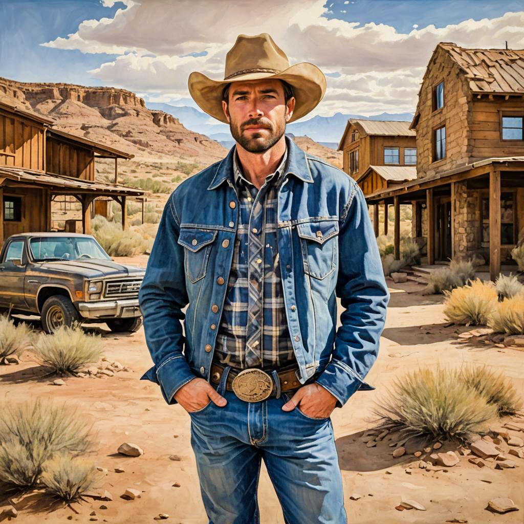 Western Cowboy Portrait in Desert Town with Vintage Pickup Truck