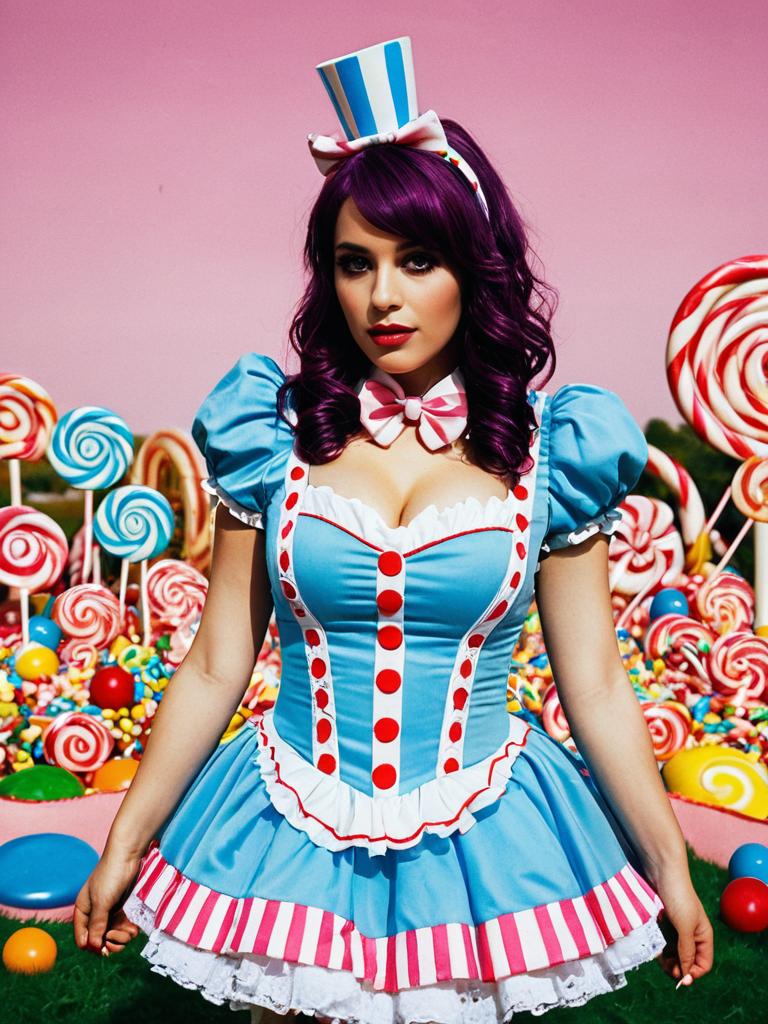 Woman in Candyland Costume Cinematic Realism Vibrant Cosplay Editorial
