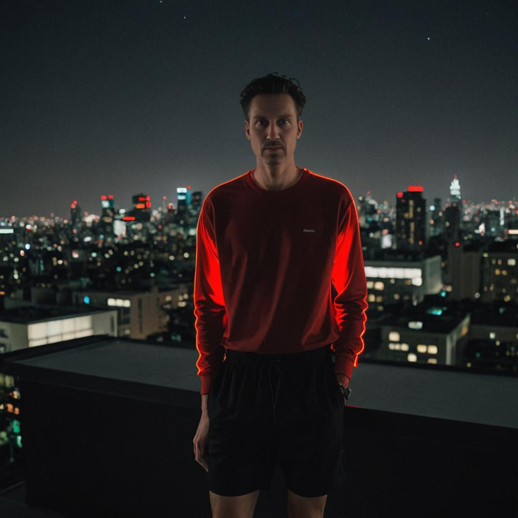 Contemplative Man on Rooftop at Night with City Lights