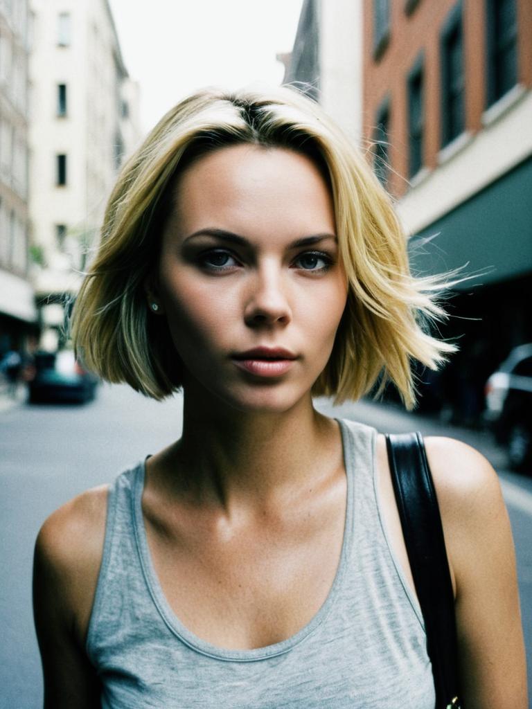 Candid Outdoor Street Portrait of Woman with Charlize Theron Bob Hairstyle