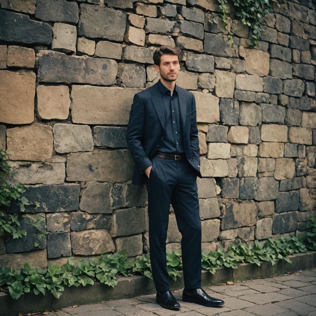 Confident Man in Black Suit Against Stone Wall