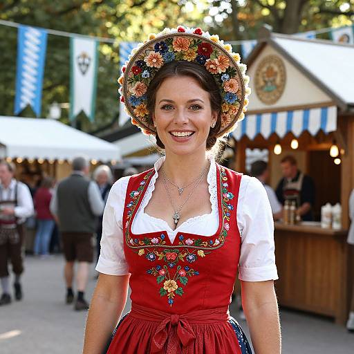 Smiling Woman in Traditional Bavarian Dirndl at Outdoor Festival