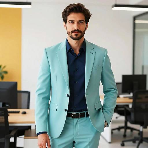 Confident Young Man in Light Blue Suit in Modern Office