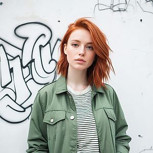 Confident Young Woman with Red Hair Against Graffiti Wall
