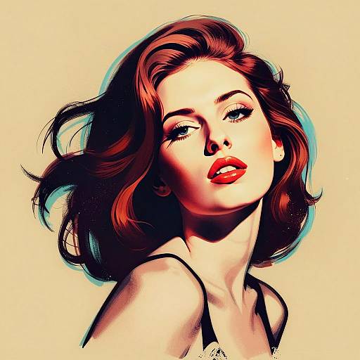 Stylized Digital Portrait of a Red-Haired Woman with Bold Makeup