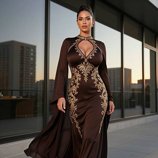 Elegant Dark Brown Embroidered Gown with Gold Detailing on Woman