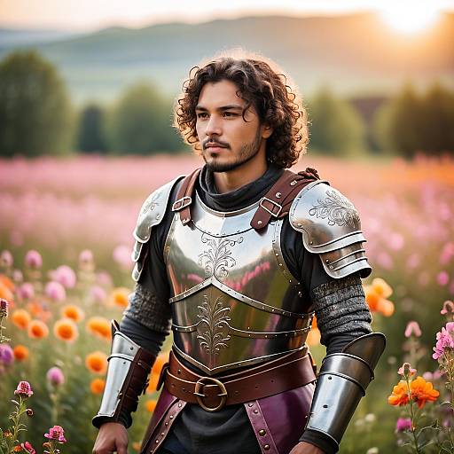Man in Ornate Medieval Armor Standing in Flower Field at Sunset