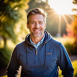 Handsome man in blue hoodie smiling in sunlight