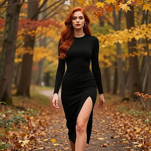 Elegant Woman in Black Dress Walking Through Autumn Forest Path