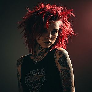 Edgy Woman with Red Hair and Tattoos in Punk Rock Style Portrait