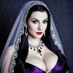 Elegant Woman in Purple Dress with Embroidered Veil and Gemstone Jewelry