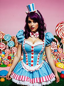 Woman in Candyland Costume Cinematic Realism Vibrant Cosplay Editorial