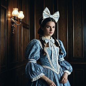 Young Woman in Blue Rococo-Style Dress with Large Bow in Vintage Interior
