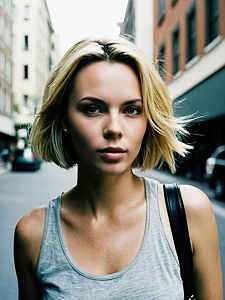 Candid Outdoor Street Portrait of Woman with Charlize Theron Bob Hairstyle