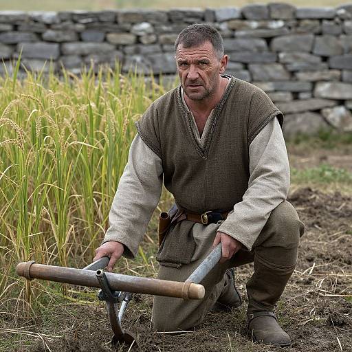 Medieval Farmer Using Traditional Plow in Rural Field