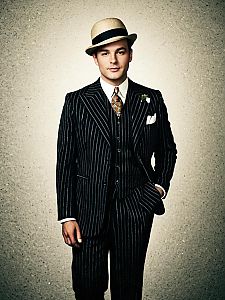 Man in Gatsby Party Costume Wearing Pinstripe Suit and Boater Hat