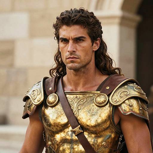 Intense Man in Golden Ancient Warrior Armor