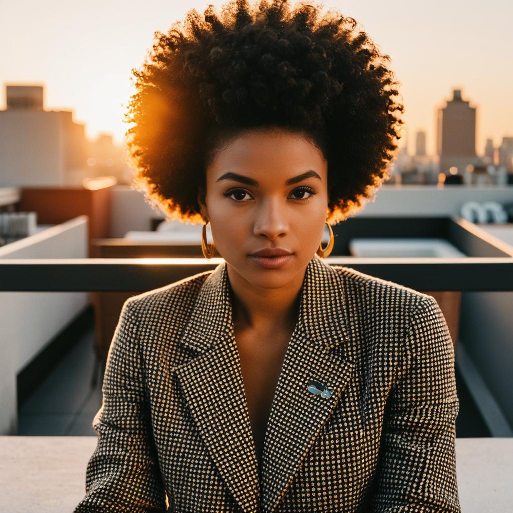 Confident Woman with Afro Hairstyle in Checkered Blazer on Urban Rooftop