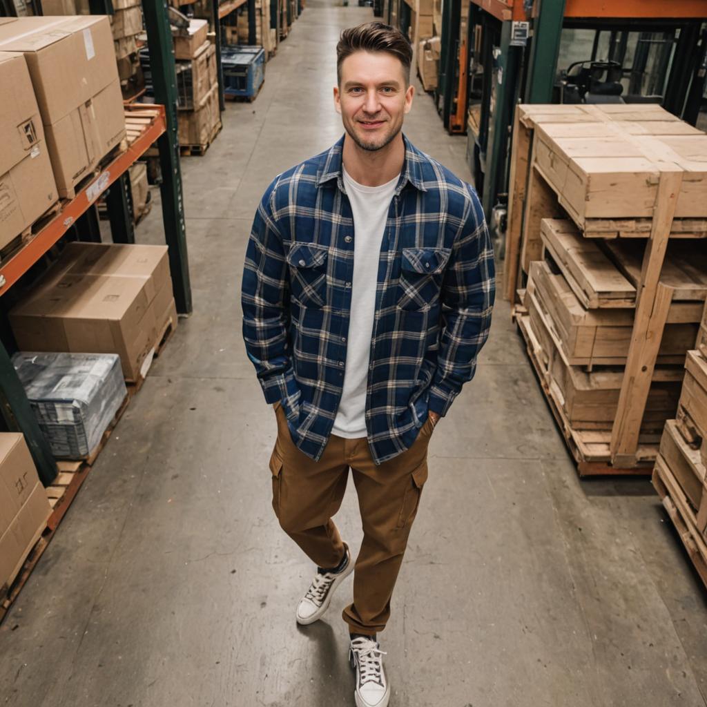 Confident Man in Stylish Casual Outfit in Warehouse