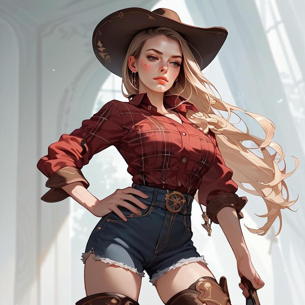 Confident Woman in Western Outfit Digital Anime Artwork