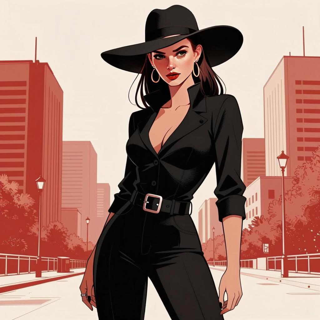 Stylish Woman in Black Outfit with Wide Brim Hat in Urban Digital Illustration