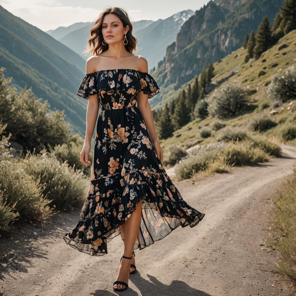 Woman in Floral Off-Shoulder Dress on Mountain Path