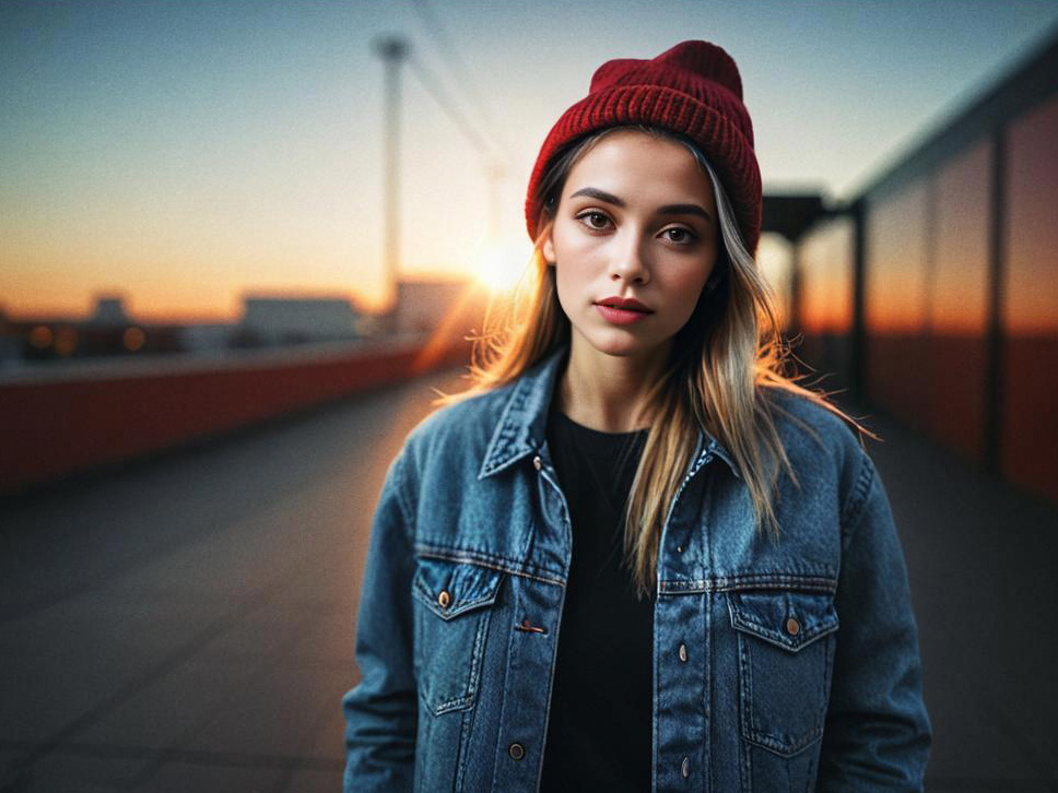 Woman in Beanie and Denim Jacket at Sunset