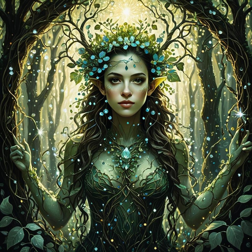 Mystical Elf Woman in Enchanted Forest Fantasy Digital Art