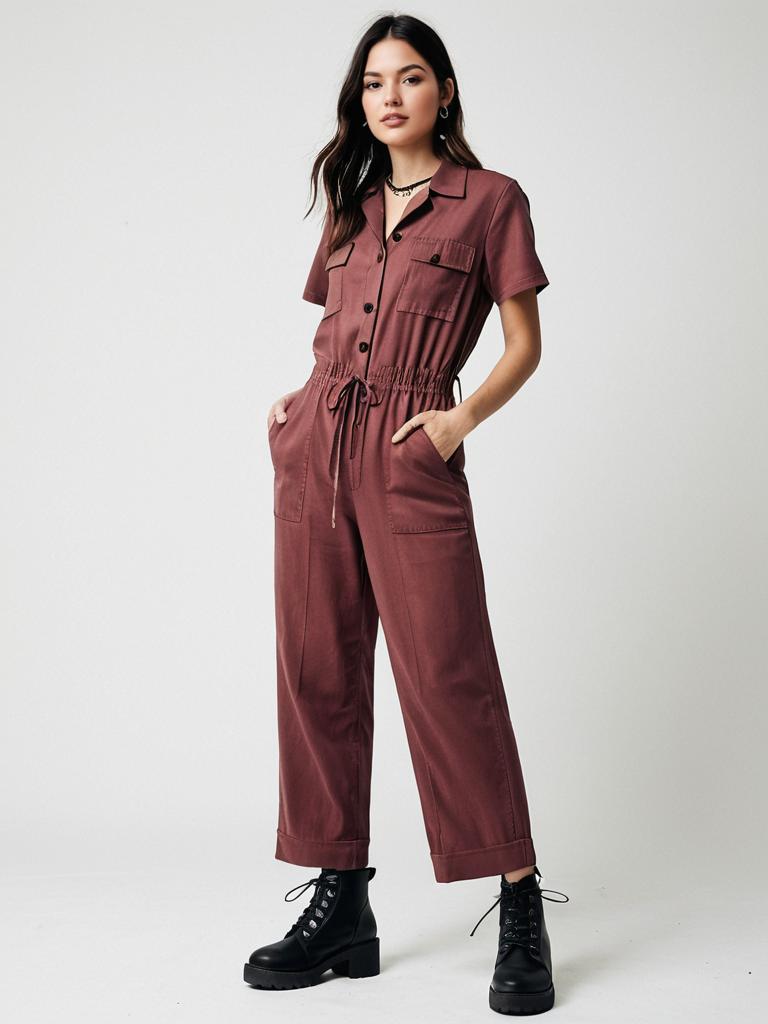 Casual Chic Rose-Colored Short-Sleeve Jumpsuit with Button Front for Women